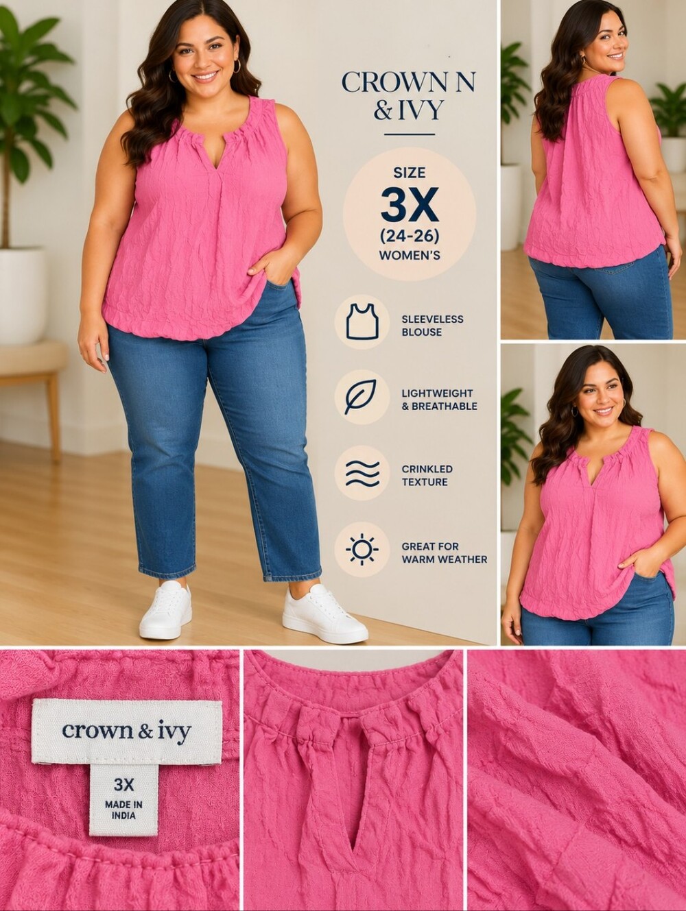 Crown & ivy Women's 3X pink polkadot blouse #38